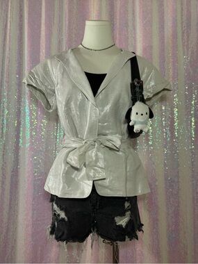 Apostrophe Metallic White Waist Tie Short Sleeve Blazer Shirt (10) ★彡